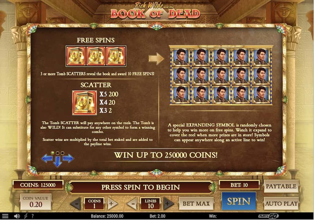 Book of Dead Paytable Screenshot