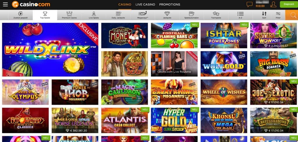 Casino.com Game Lobby Screenshot