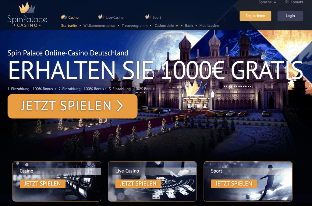 Spin Palace Casino Homepage Screenshot