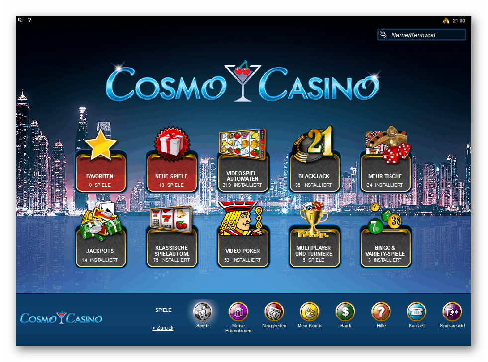 Cosmo Casino Game Lobby Screenshot