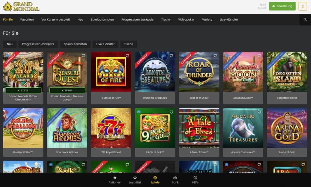 Grand Mondial Casino Game Lobby Screenshot