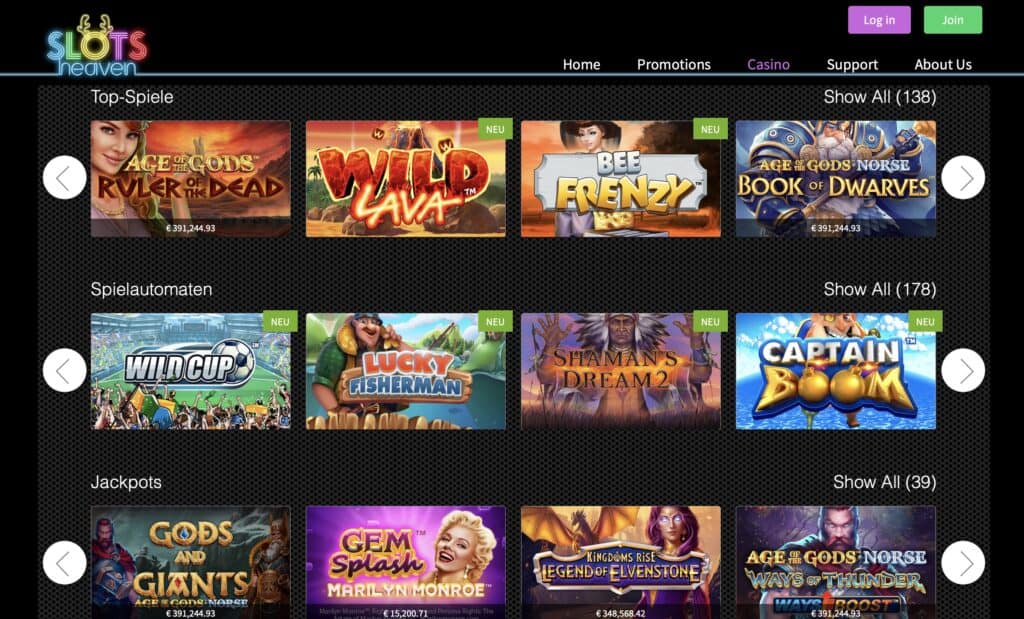 Slots Heaven Game Lobby Screenshot