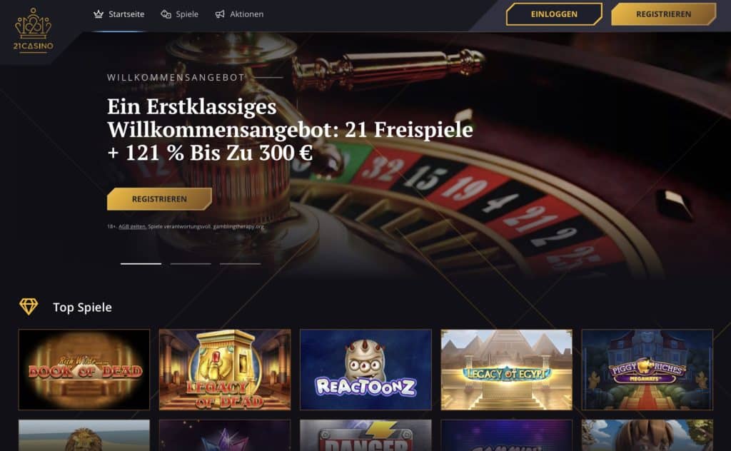 21 Casino Homepage Screenshot