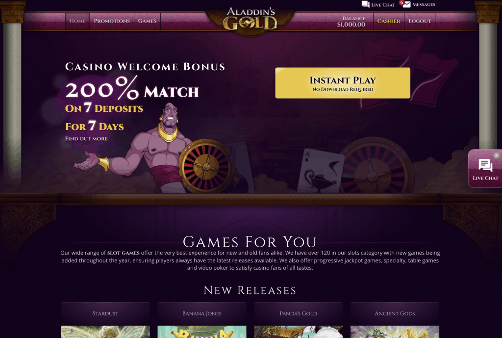 Aladdins Gold Casino Homepage Screenshot