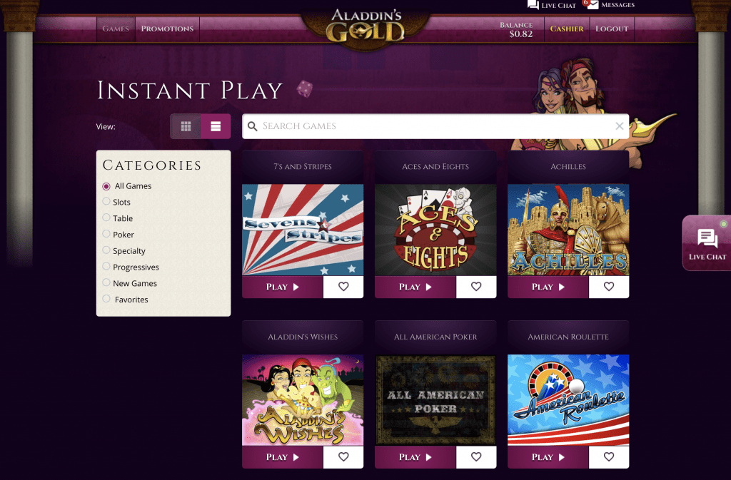 Aladdins Gold Casino Game Lobby Screenshot