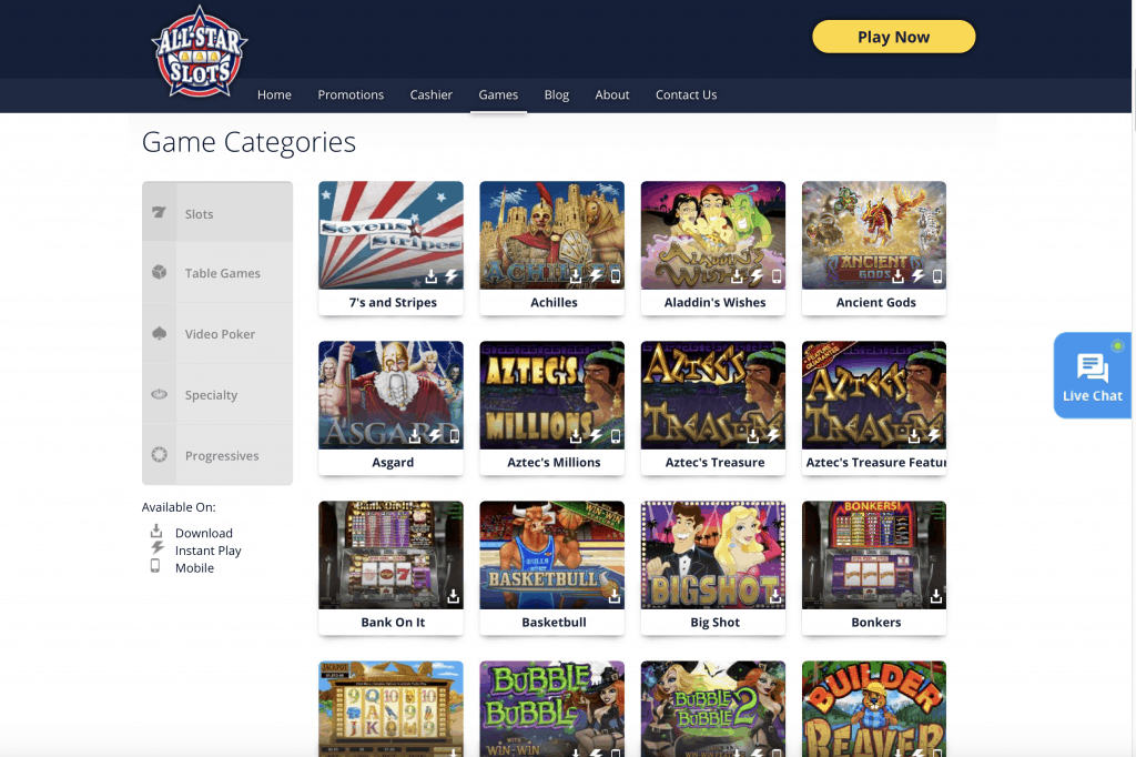All Star Slots Casino Game Lobby Screenshot