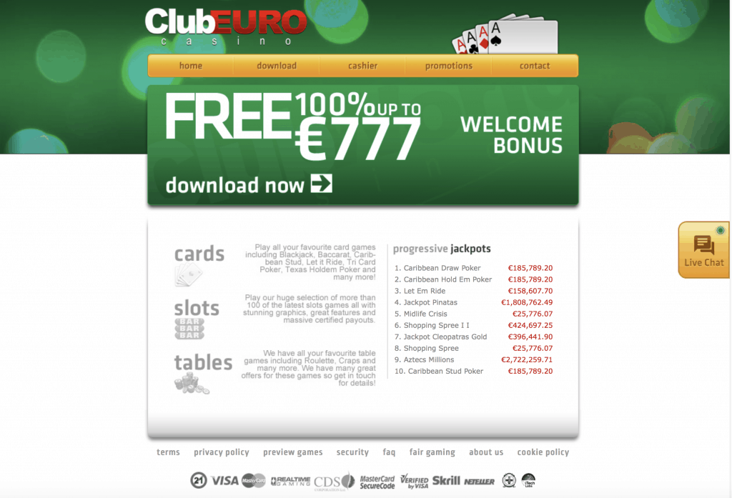 Club Euro Casino Homepage Screenshot