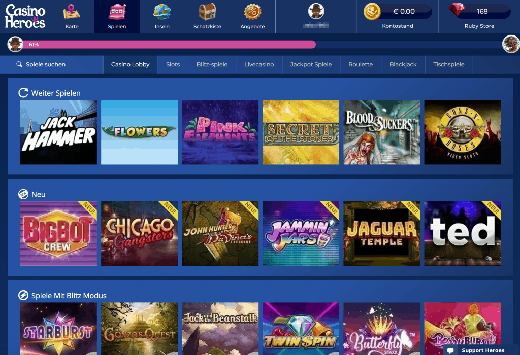 Casino Heroes Game Lobby Screenshot