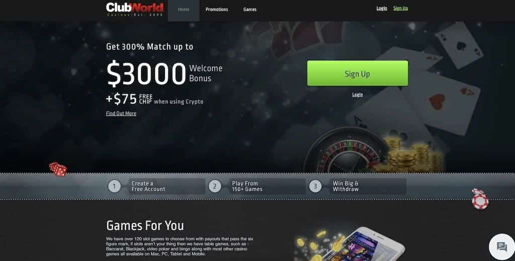 Club World Casino Homepage Screenshot