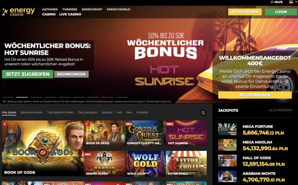 Energy Casino Homepage Screenshot