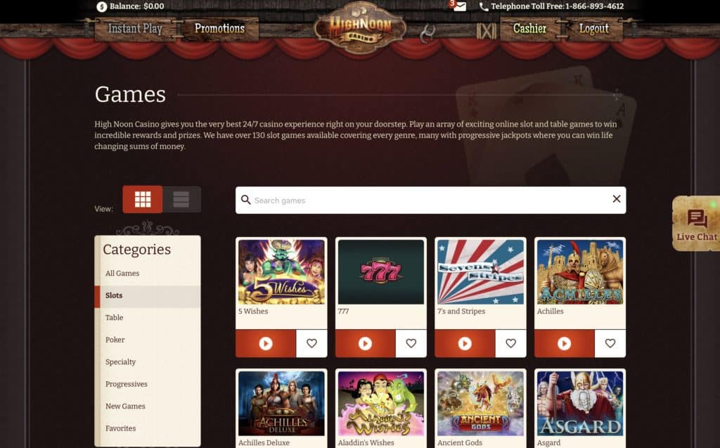 High Noon Casino Game Lobby Screenshot