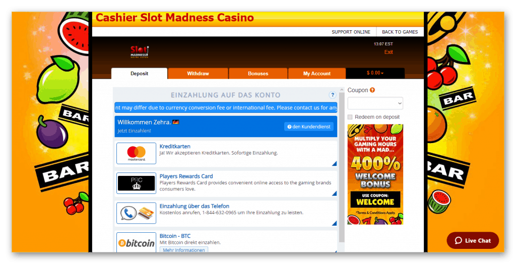Slot Madness Casino Kassierer Screenshot