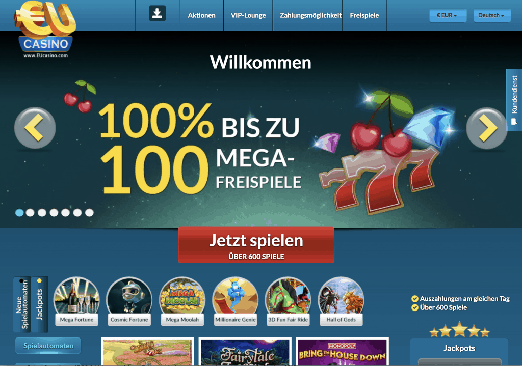 EU Casino Homepage Screenshot