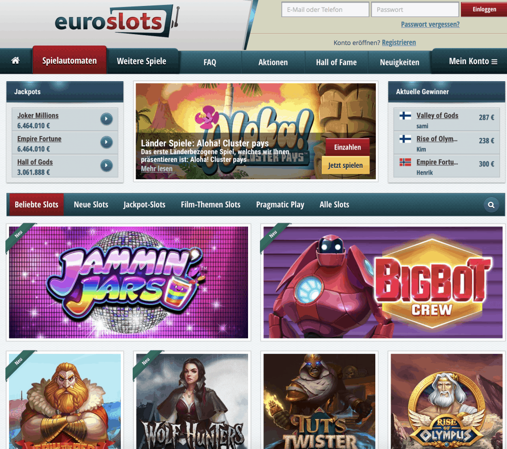 Euroslots Casino Game Lobby Screenshot