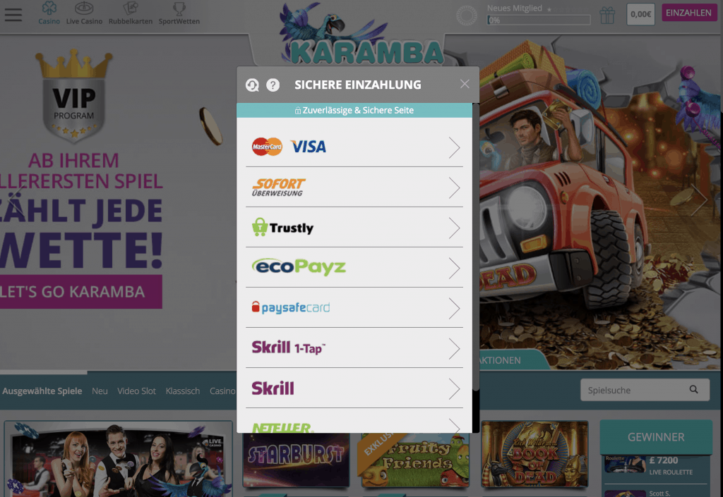 Karamba.com Ein- und Auszahlungen Screenshot