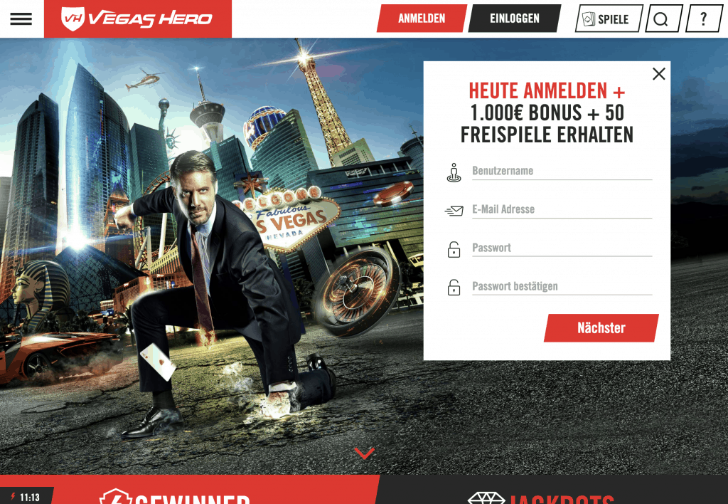 Vegas Hero Homepage Screenshot