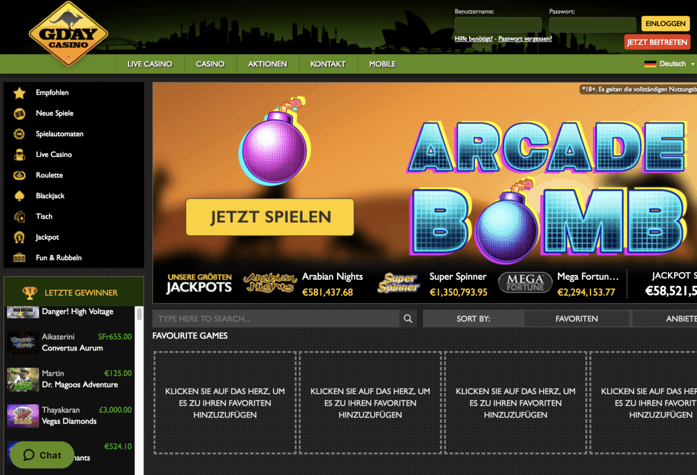 Gday Casino Homepage Screenshot