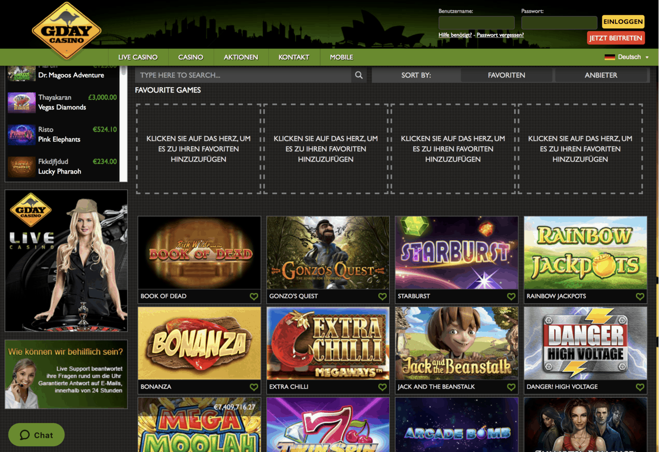 Gday Casino Game Lobby Screenshot