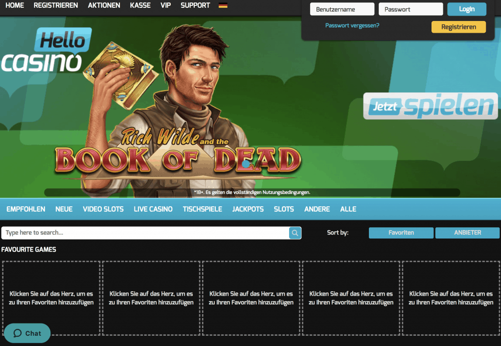 Hello Casino Homepage Screenshot
