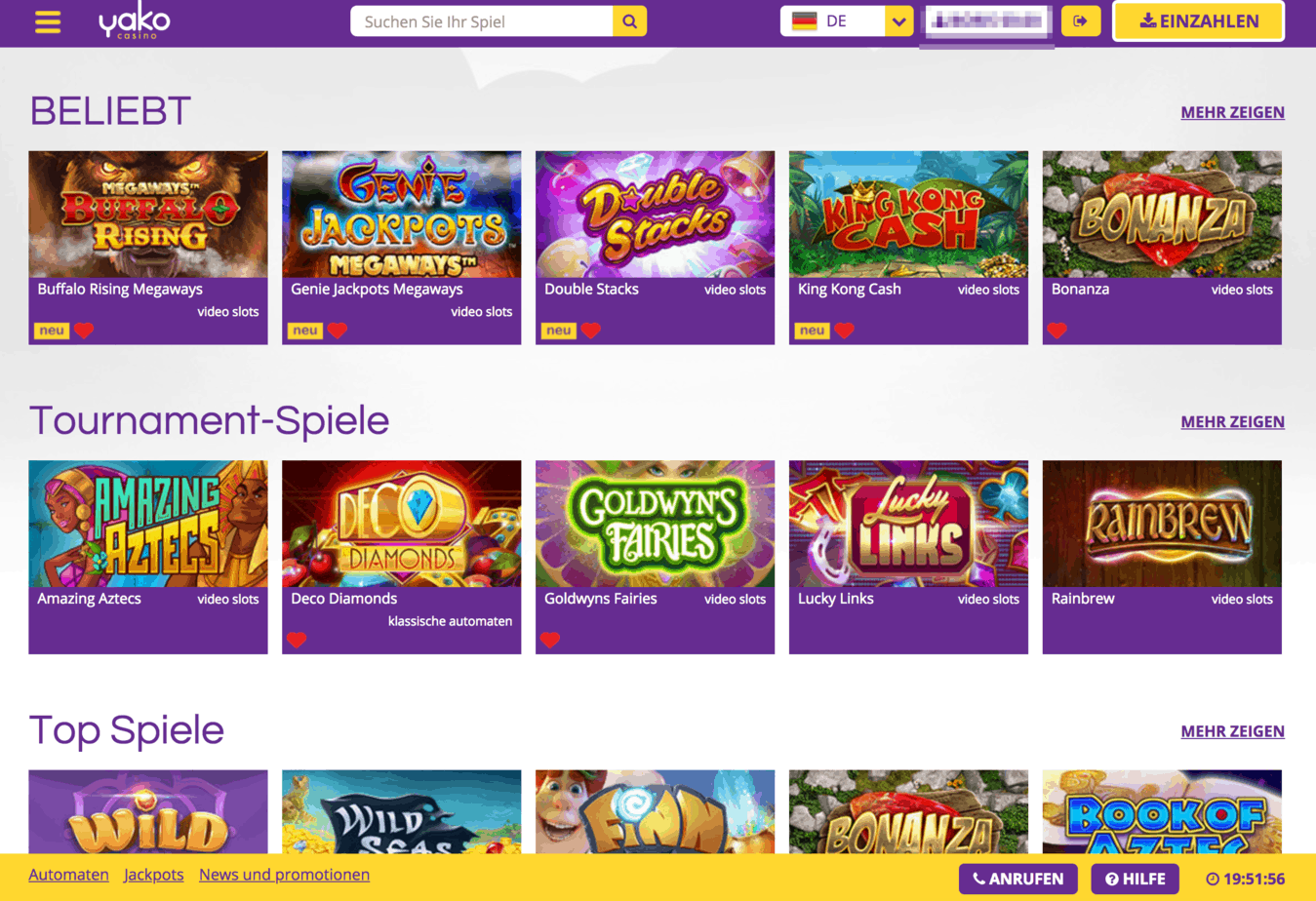 Yako Casino Game Lobby Screenshot