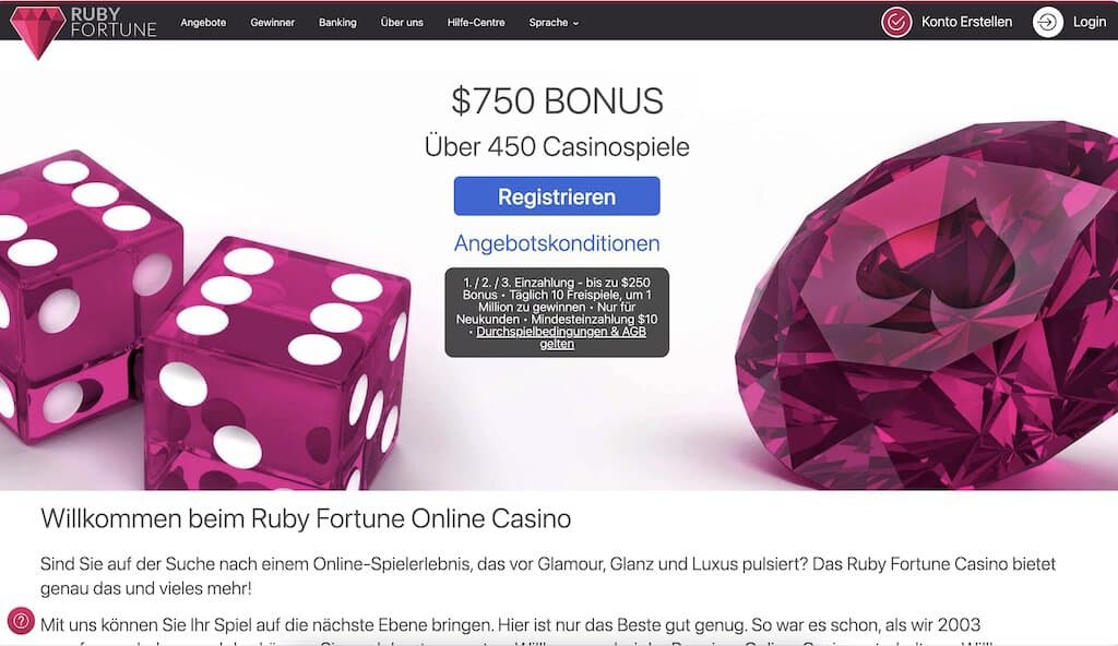 Ruby Fortune Casino Homepage Screenshot
