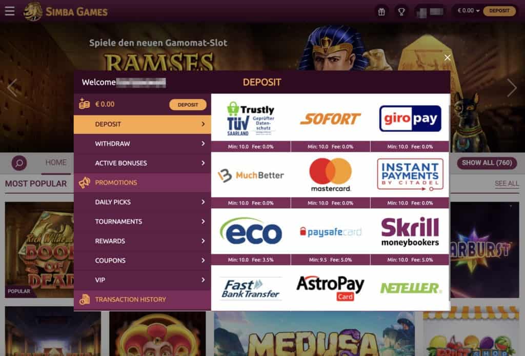 Simba Games Ein- und Auszahlungen Screenshot