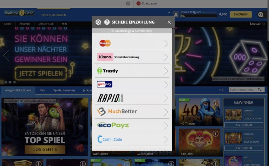 Scratch2Cash Ein- und Auszahlungen Screenshot