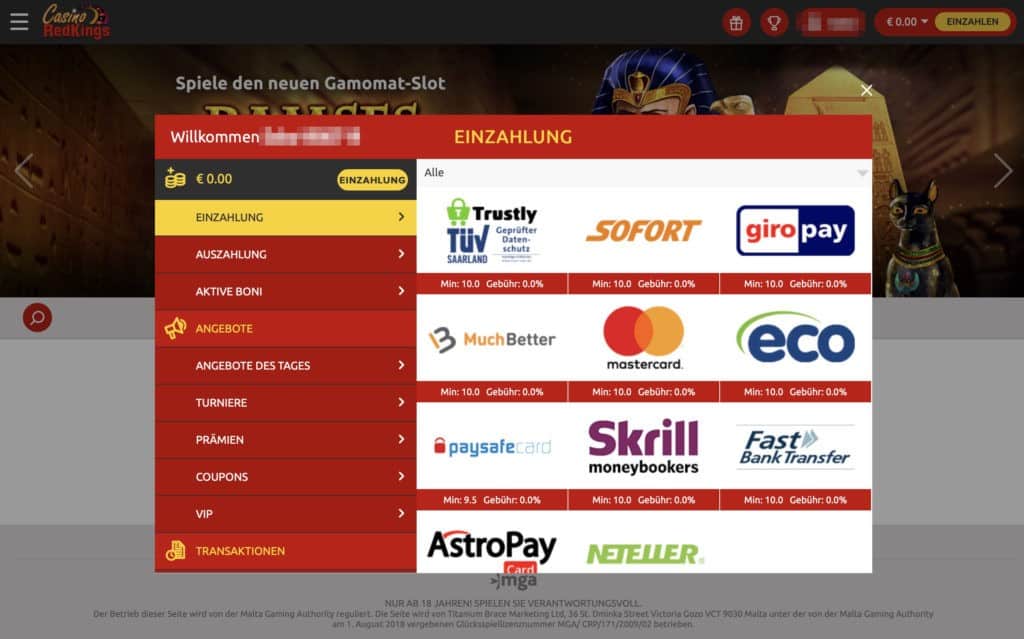 RedKings Ein- und Auszahlungen Screenshot
