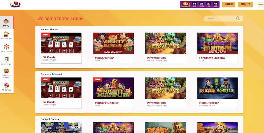 Slot Madness Casino Game Lobby Screenshot