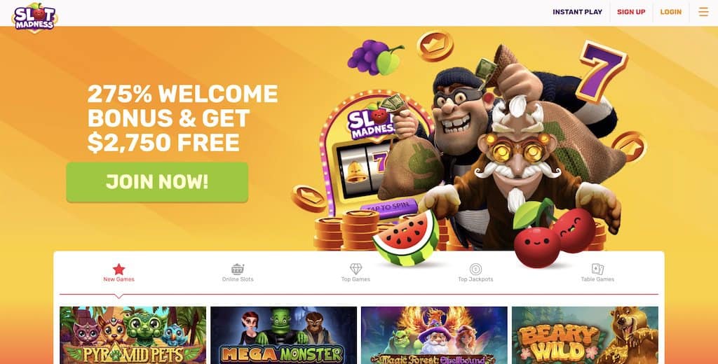 Slot Madness Casino Homepage Screenshot