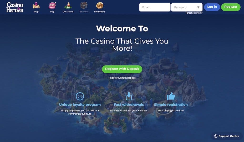 Casino Heroes Homepage Screenshot