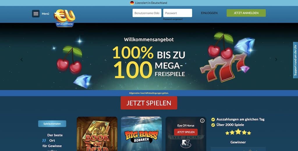 EU Spielothek Homepage Screenshot