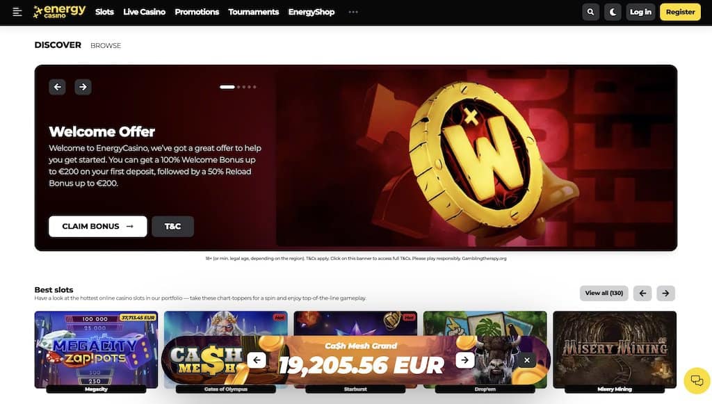 Energy Casino Homepage Screenshot