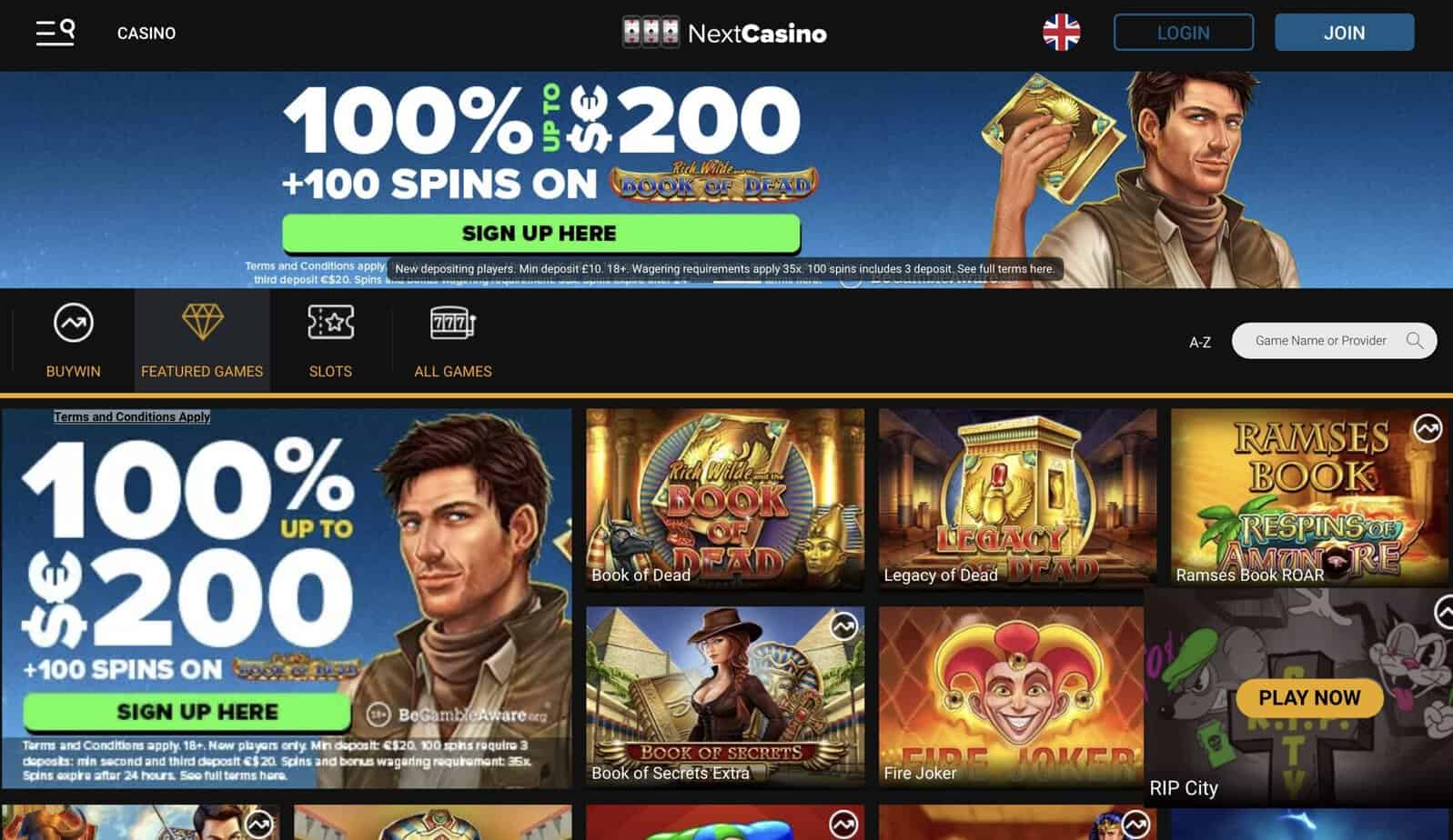 Next Casino Homepage Screenshot