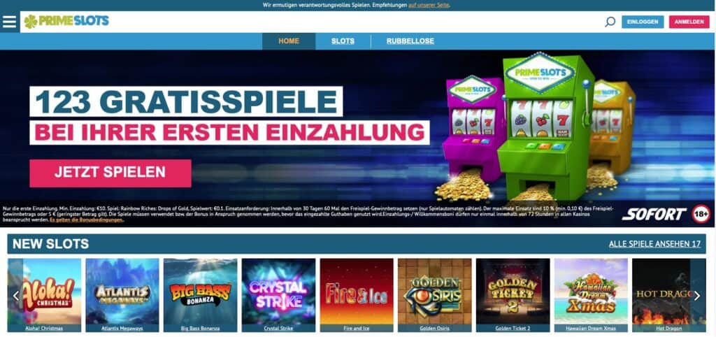 Prime Slots Homepage Screenshot
