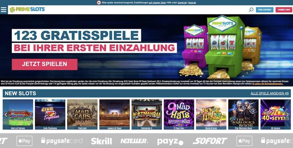 Prime Slots Homepage Screenshot