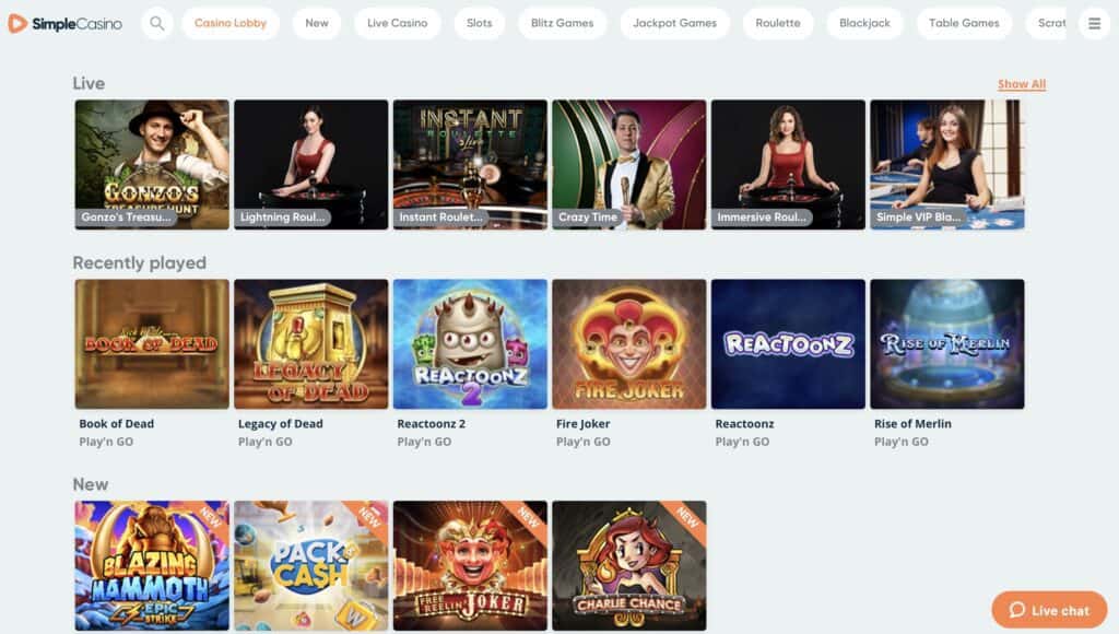 Simple Casino Game Lobby Screenshot