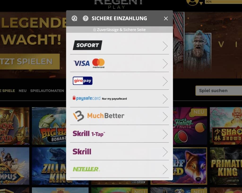 Regent Play Ein- und Auszahlungen Screenshot