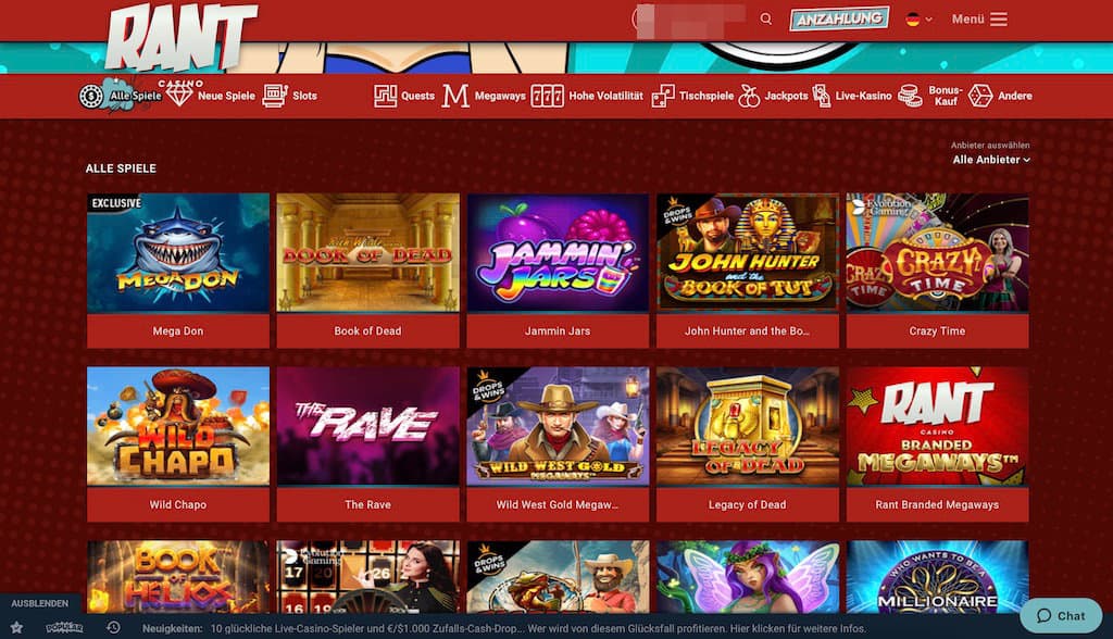 RANT Casino Game Lobby Screenshot