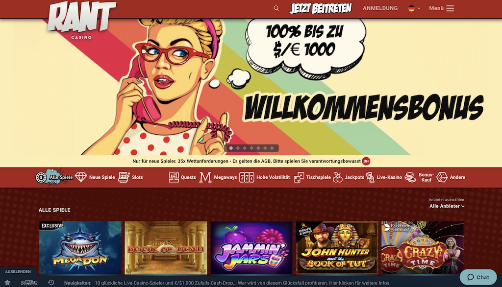 RANT Casino Homepage Screenshot