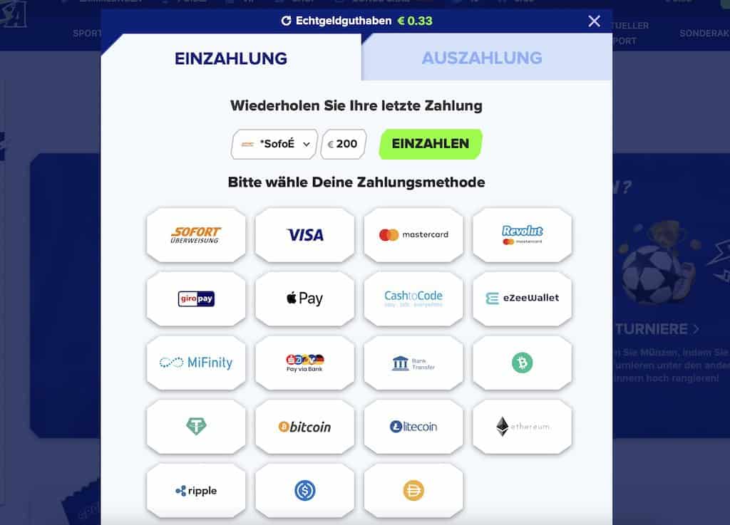 Sportaza Ein- und Auszahlungen Screenshot