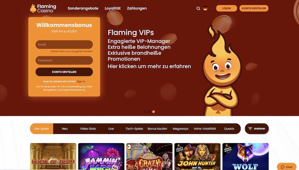 Flaming Casino Homepage Screenshot