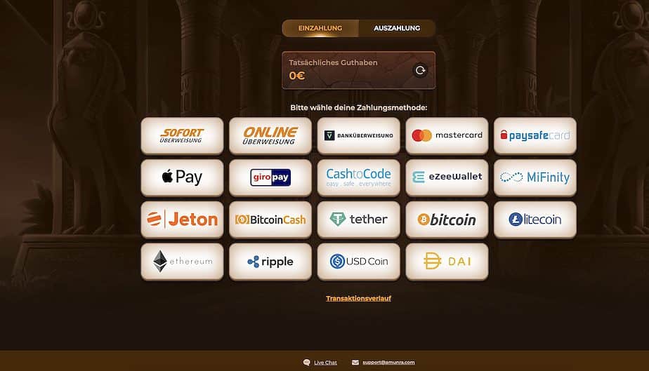 AmunRa Casino Ein- und Auszahlungen Screenshot