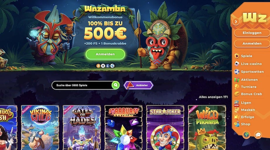 Wazamba Casino Homepage Screenshot