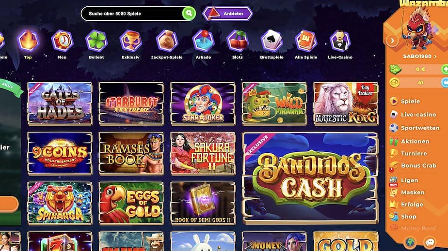 Wazamba Game Lobby Screenshot