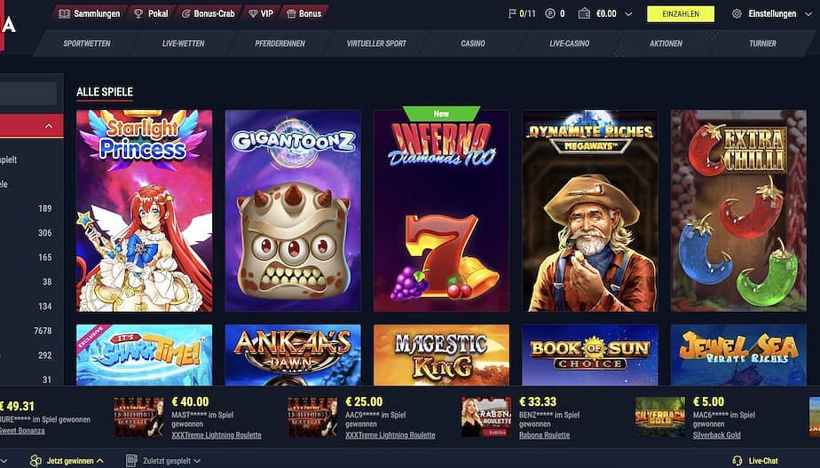 Rabona Casino Game Lobby Screenshot